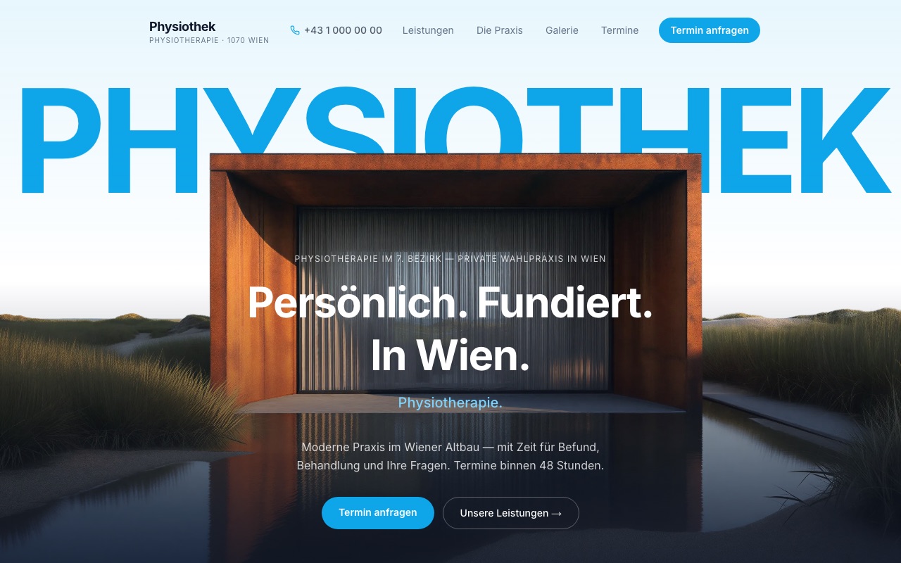 Startseite der Studie Physiothek mit blauem Schriftzug